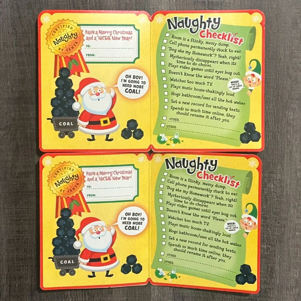 💞 New Set of 2 Naughty Checklist Christmas Holiday Cards With Pretend Coal